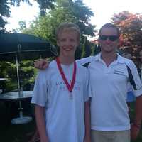 <p>Grant Dalton, pictured with his diving Coach Nick Turner, placed second at the Westchester Diving Championships.</p>