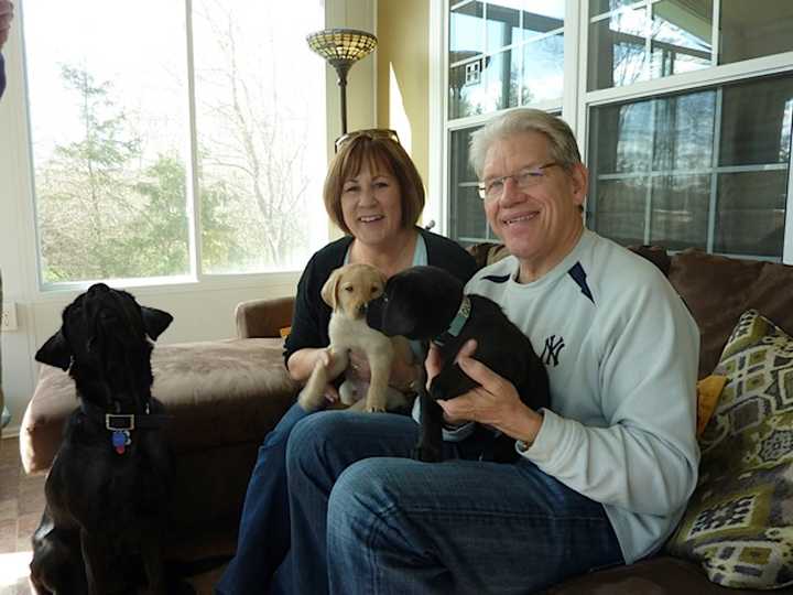 Dale and Gail Bergman with Nina and her pups, Quentin and Quarter