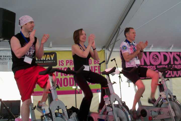 Riders at the 2013 event included (left to right.) Aaron Goldman, PhD., a breast cancer researcher fully funded by the 2012 edition of SpinOdyssey; Dr. Ellen Mahony of Westport, a longtime SpinOdyssey water bottle sponsor; and Rob Polley of Norwalk.