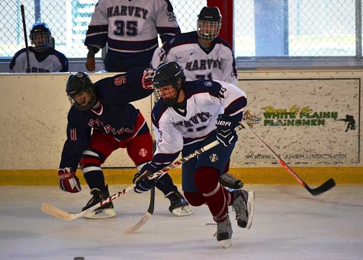 Harvey&#x27;s Keith Lambert controls the puck against Stepinac.