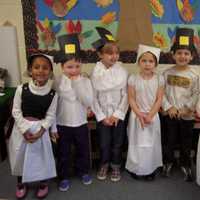 <p>Left to right, Lili Raimondo, Max Malagisi, Tanner Breen, Audrey Bonheim,Heather Martinsen, Nolan Queenan celebrate Thanksgiving as pilgrims.</p>