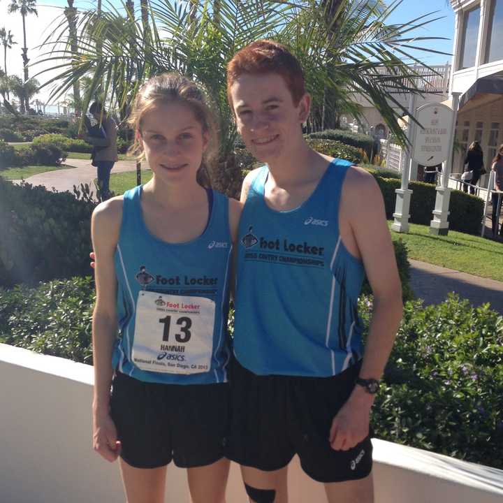 Westport&#x27;s Hannah DeBalsi, left, a sophomore at Staples, and Darien&#x27;s Alex Ostberg get ready to run in the Foot Locker cross country national championships.