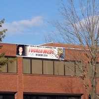 <p>A sign supporting Tucker West is the side of the Pamby Motors building on Danbury Road in Ridgefield opposite the Stop &amp; Shop. </p>