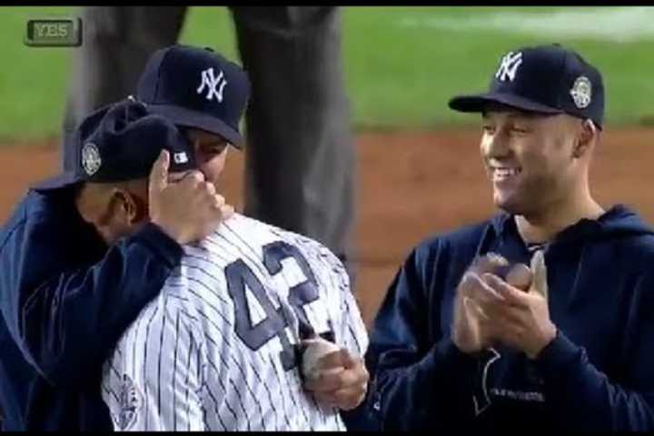 New York Yankee Derek Jeter watches as teammate Mariano Rivera retires last year. 