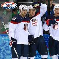 <p>New Canaan&#x27;s Max Pacioretty (67) celebrates with teammates after Team USA scored a goal in Thursday&#x27;s 7-1 win over Slovakia.</p>