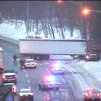 <p>A jackknifed tractor-trailer is blocking two lanes of northbound I-95 between Exits 18 and 19 in Westport. </p>