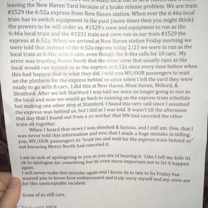 Metro-North conductor Michael Shaw left a typed apology letter on every seat of his train Monday morning.