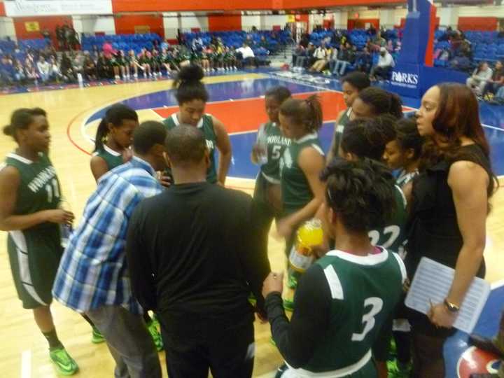 The Woodlands girls basketball team, seen here during their Section 1 final victory last Saturday, topped Highland to win their first state regional game.