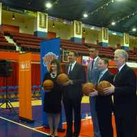 <p>From left, County Parks Commissioner Kathy O&#x27;Connor, D-League President Dan Reed, Allan Houston, County Executive Robert Astorino and Legislator Michael Kaplowitz welcome Westchester&#x27;s new D-League team.</p>