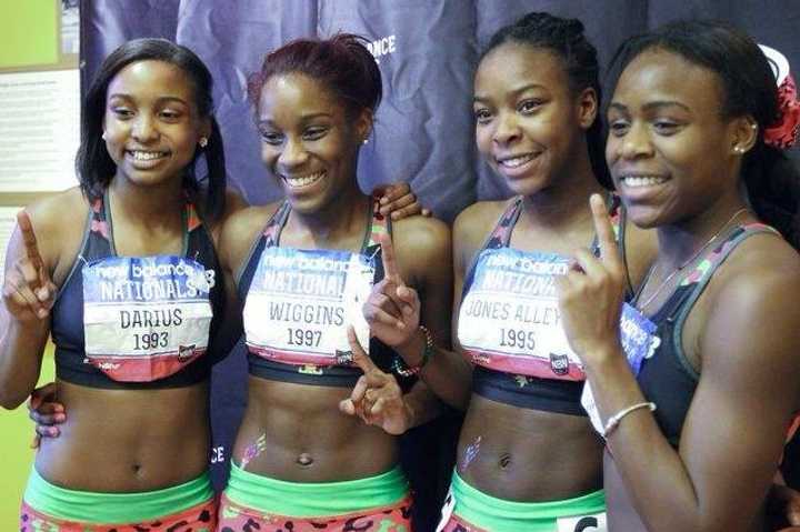 New Rochelle&#x27;s 4 x 200 relay (from left) of Symone Darius, Ashley Wiggins, Victoria Jones-Alleyne and Alicia Donaldson won Sunday&#x27;s race at the New Balance Nationals at The Armory in New York.