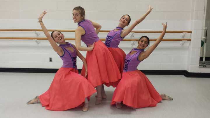 JCCs Westchester Theatre of Dance performance on March 29 and 30 features Can-can dancers. Pictured , from left are Chloe Suzman, Scarsdale; Emma Holtzman, New Rochelle; Julia Dietz, Hastings; and Caitlin Krantz, Scarsdale.