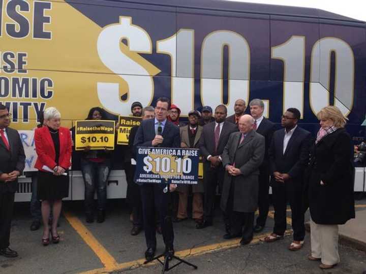 Gov. Dannel Malloy speaking about the raising of minimum wage in the state. 