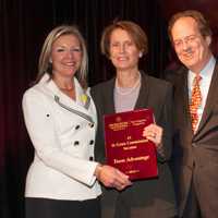 <p>Candace Adams, left, President and CEO of Berkshire Hathaway HomeServices New England Properties, meets Marion and Patrick Filley of Team Advantage out of the Wilton Office of Berkshire Hathaway HomeServices New England Properties.</p>