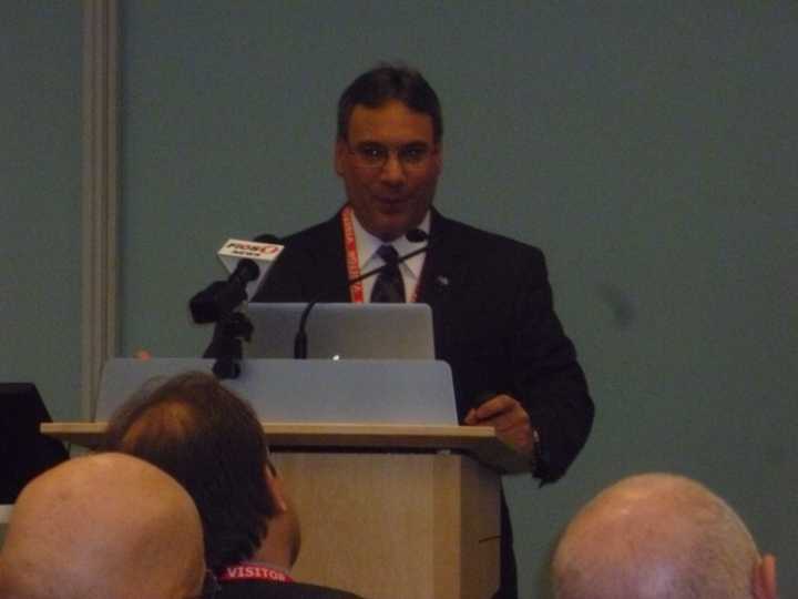 Lawrence Perretto, executive director of the STEM Education Leadership Center, at Regeneron, announcing the creation of the Hudson Valley STEM Teaching Fellowship.