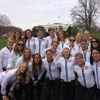 <p>The U.S. women&#x27;s hockey team gathers on the front lawn of the White House. Julie Chu of Fairfield is on the far right in the first row. </p>