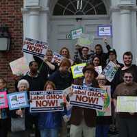 <p>Supporters of GMO labeling posed for photos in front of Mount Kisco Village Hall.</p>