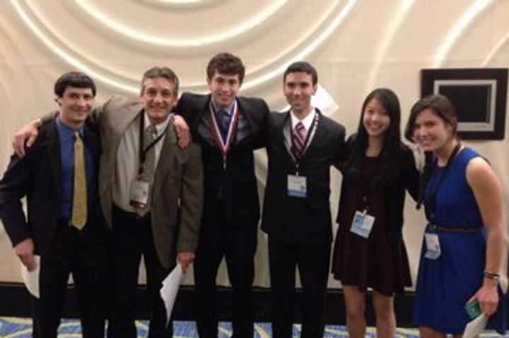 From left, Max Diamond of Croton-Harmon, Donald Orokos, co-director of the Upstate NY JSHS, Adam Illowsky of Ossining, Jason Rosenberg of Blind Brook High, Stephanie Ding of Byram Hills and Alexis Scott.