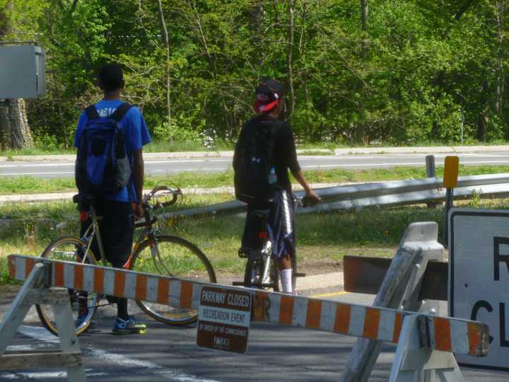 Cyclists meet at the southern end of the Bronx River Parkway that is closed to car traffic for Bicycle Sundays in May, June and September.