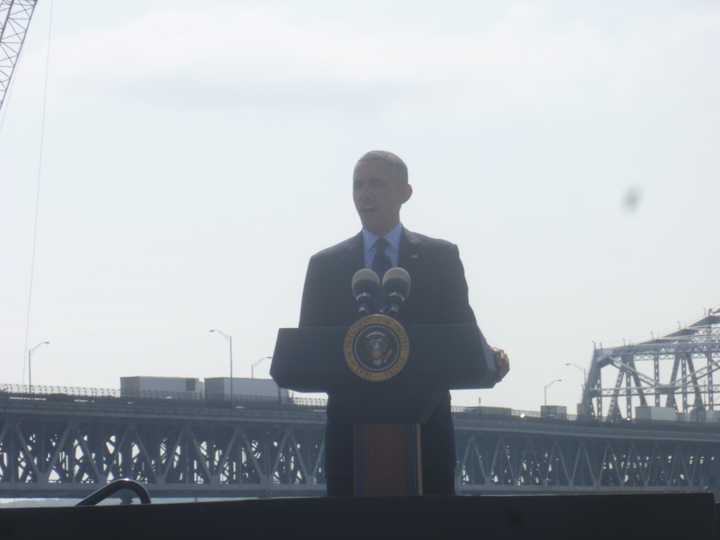 President Obama delivering a 16-minute speech at Sunset Cove Restaurant at the Washington Irving Boat Club in Tarrytown Wednesday.