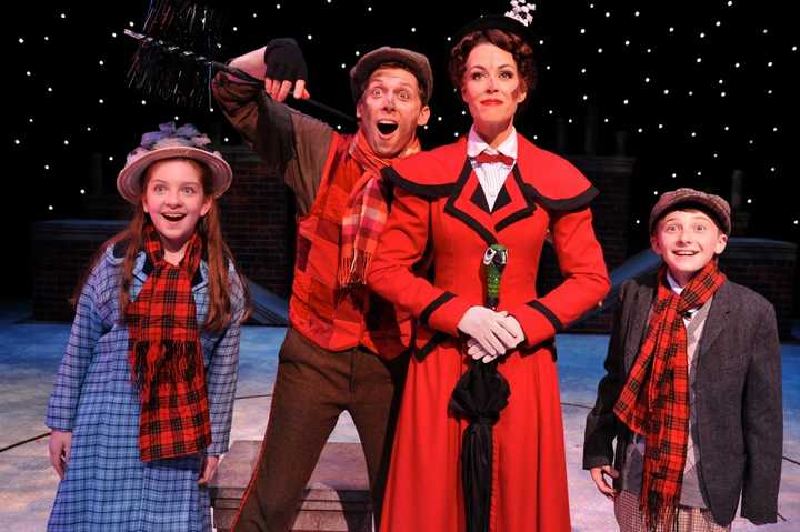 Michelle Moughan (as Jane Banks), Leo Ash Evans (as Bert), Brandon Singel (as Michael Banks) and Lauren Blackman (as Mary Poppins)