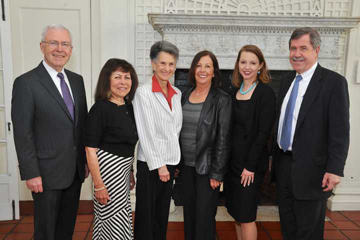 Michel Divney, chairman of the White Plains Hospital board of directors; Hazel Bigelow;  Jill Haskel; Cindy Frenchman; hospital President Susan Fox; and CEO Jon B. Schandler.