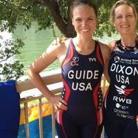 <p>Amy Dixon, right, and guide Caroline Gaynor take a picture after finishing third in Sunday&#x27;s race.</p>