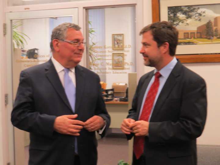 New Rochelle School Board President David Lacher (left) with new Superintendent Brian Osborne.