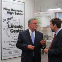 <p>New Rochelle&#x27;s newest Superintendent Brian Osborne (right) talking with School Board President David Lacher.</p>