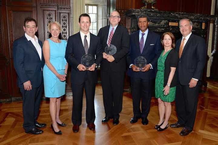 From left, Leonard S. Schleifer, Marsha Gordon, Jeff Paradise, Patrick Dwyer, Dr. Phil Ozuah, Cathie Schaffer, president of First Niagara Banks Tri-State Region (sponsor of the event) and Stephen J. Jones.