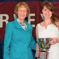 <p>Janine Weinberg accepts Improvement Award presented by its founder, Mrs. Calvin A. Thompson, mother of two Harvey alumni from 1982 and 1987.</p>