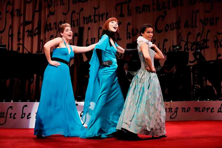 L-R: Laurie Wells, Karen Akers, and Britney Coleman in Sing for Your Shakespeare, directed by Mark Lamos, at Westport Country Playhouse.