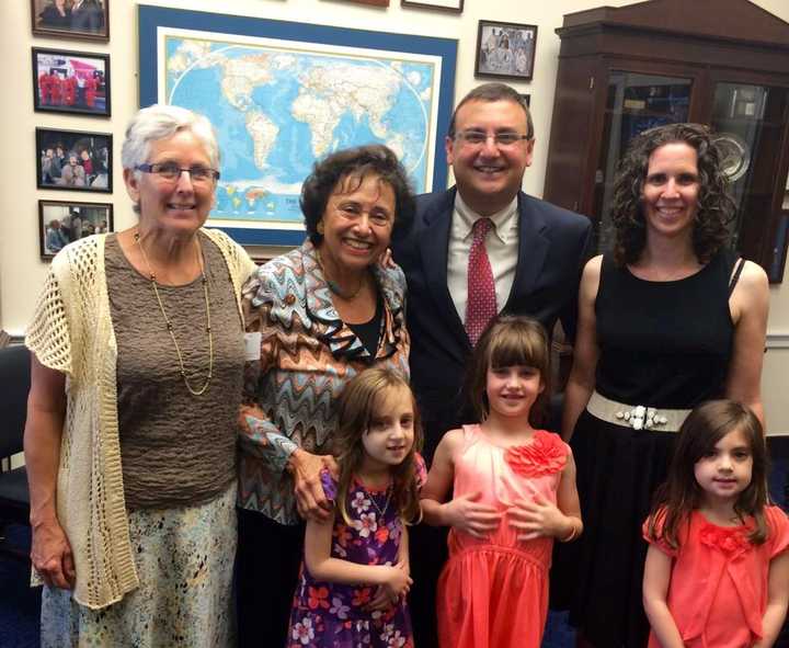 From left to right: Marjorie Hoffman, Congresswoman Nita Lowey, Ary Hammerman, Eytan Hammerman, Rena Hammerman, Rebecca Hammerman, and Lani Hammerman.