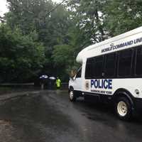 <p>A Harrison Police mobile unit stationed at Cottage Avenue in Purchase near the scene of the fatal plane crash Friday morning.</p>