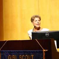 <p>Linda Houston addresses the Girl Scouts of Connecticut who earned their Gold Awards in a ceremony June 1 at the University of New Haven.  </p>