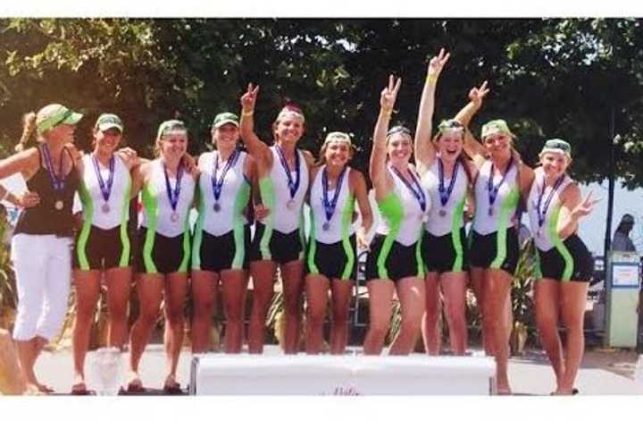 Coach Liz Trond (left) and CBC&#x27;s silver medalists (left to right) Casey Clifford, Kendra Shutts,  Katherine Squitieri, Katie deHaas, Courtney Lincoln,  Isabel Fitter, Meg Galloway, Paige Voigt and Jessica Ferrante celebrate in California on Sunday.