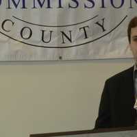 <p>John Laureno, the grandson of Stamford coaching legend John &quot;Sharkey&quot; Laureno, speaks at the induction ceremony.</p>