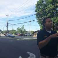 <p>Lt. James Perez of the Fairfield Police Department updates the media on the suspicious package found Friday near the Fairfield train station. </p>