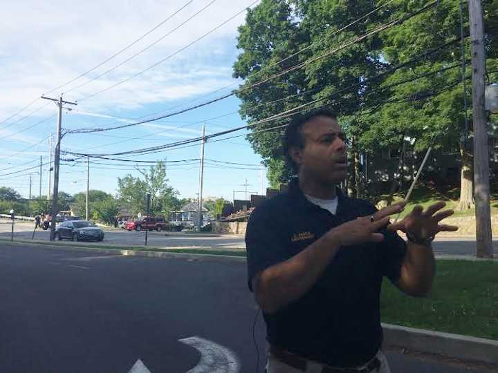 Lt. James Perez of the Fairfield Police Department updates the media on the suspicious package found Friday near the Fairfield train station. 