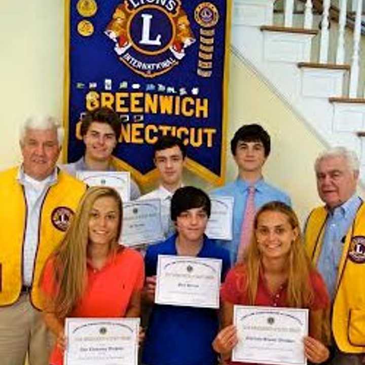 Greenwich teens are honored by Greenwich Lions Club. Bottom row, from left: Annie Wechsler Paul Peruzzi and Charlotte Wechsler. Top, from left: Paul Settlemeyer, Harry Wechsler, JC Peruzzi, Luka Yancopoulos, and Dave Noble. 