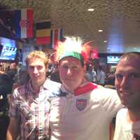 <p>Bobby Bannon (center) dresses up for every USA World Cup game, including at Ron Blacks in White Plains July 1.</p>