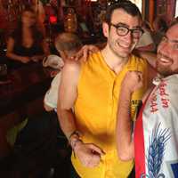 <p>Nick Reidy (left) of Elmsford and Ryan Haker (right) of White Plains go all out for the USA World Cup game at O&#x27;Connors Pub. </p>