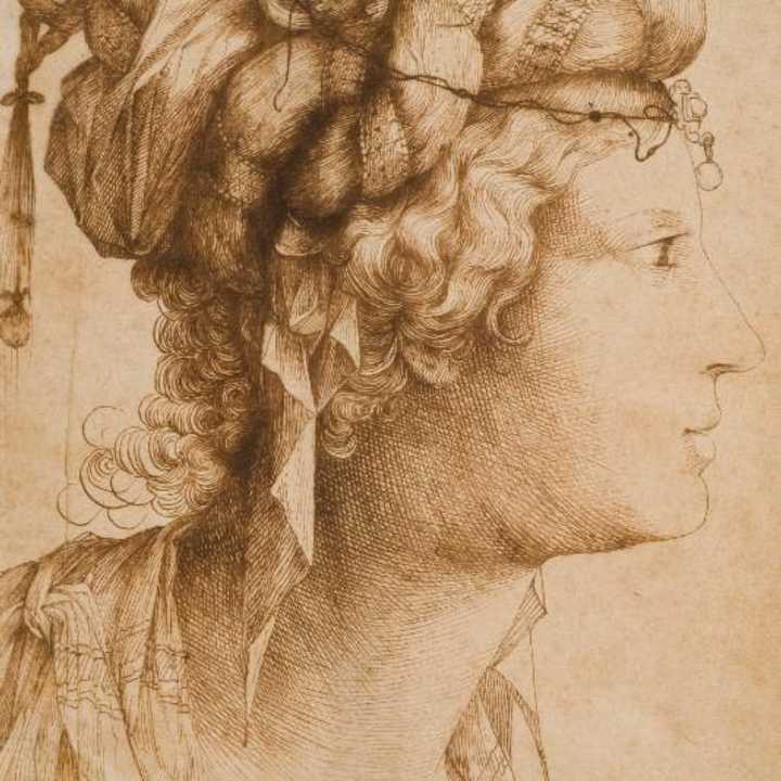 Jacopo Ligozzi (Italian, 1547-1627); Head of a Woman with Elaborate Headdress, 314 x 210 mm; Collection of Helen-Mae and Seymour Askin; Photograph by Paul Mutino