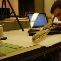 <p>Dr. Daniel Ksepka studies the skull of Pelagornis sandersi, the worlds largest-ever flying bird.</p>