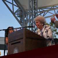 <p>Mimi Levitt acknowledges a standing ovation and congratulates Westport as she speaks of her fond memories of the town. </p>