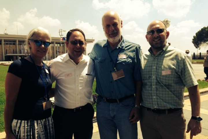 Orna Stern, Rabbi Jeremy Wiederhorn, Larry Kleinman, Rabbi Ron Fish, standing outside the Knesset before meeting with members of Israel&#x27;s parliament.