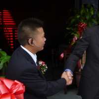 <p>Mayor Thomas Roach congratulated Peter Chen on the opening of his second Red Plum restaurant. </p>