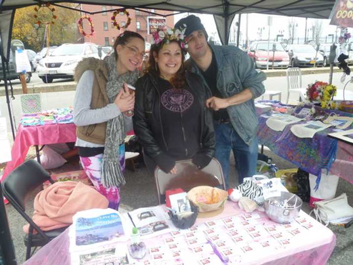 Glitter &amp; Grime craftmakers Dina Scortino and Rosie Vadella and friend Anthony Ringo at Hastings Flea 
