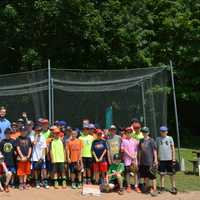 <p>Lucas Duda and kids pose for photos at Summer Trails Day Camp in Somers.</p>