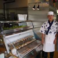 <p>Owner Jim Thistle with one of his sushi chefs at the Westport Fjord Fish Market location off the Post Road. </p>