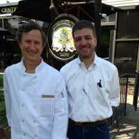 <p>Tom Lynch, right, and chef Dave Johnson are the men behind the new Center Street Public House in Darien. </p>